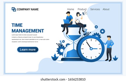 Modern flat web page design concept of time management with people work near big clock and hourglass. Flat landing page template. vector illustration