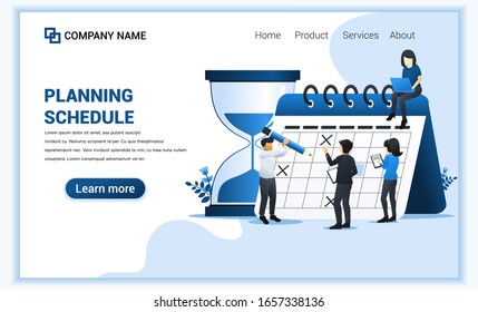 Modern flat web page design concept of Planning schedule with People filling out the schedule on giant calendar. Flat landing page template. vector illustration