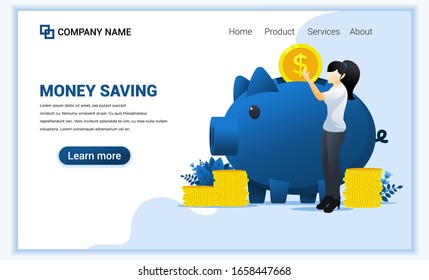 Modern flat web page design concept of Money saving with A woman puting coin money into large piggy bank. Flat landing page template. vector illustration