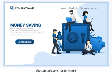 Modern flat web page design concept of Money saving with people work near giant safe bank. Flat landing page template. vector illustration