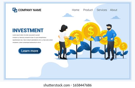 Modern flat web page design concept of Money investment with people watering money tree, increase profit and grow business. Flat landing page template. vector illustration