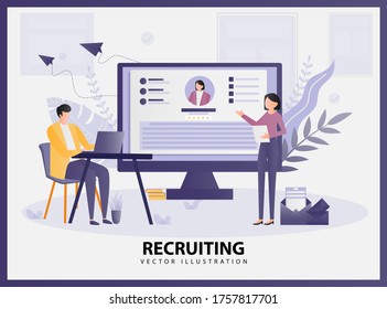 Modern flat web page design template of Recruiting decorated people character for website development. Can use for landing page, web banner, infographic, flyer, web. Easy to edit and customize. 