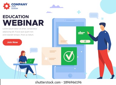 Modernes flaches Webinar-Design - wir können es für soziale Medien und digitales Marketing nutzen - Isometrisches Lernen von Menschen und Mädchen mit einfachem kreativen Konzept-grün-blau