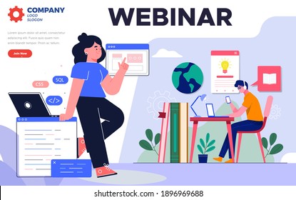 Modernes flaches Webinar-Design - wir können es für soziale Medien und digitales Marketing nutzen - Isometrischer Mann und Dame-einfache kreative Konzeption-Lehre-Lernen-Laptop-blau-orange