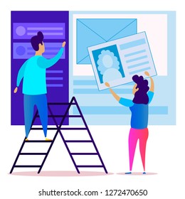 Modern flat webpage design template of UI, UX Design with a characters posting resumes on the website