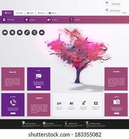 Modern Flat Website template with beautiful flowering purple tree painting. 