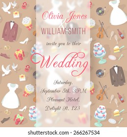 Modern flat wedding invitation with text, blurred background and icons of wedding accessories, ready for creating a website  background, design of invitation or greeting card, flyer, printing etc