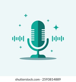 A modern flat-design microphone icon with sound waves and sparkles, representing podcasting, voice recording, or audio broadcasting.