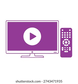 Modern flatscreen television displaying play symbol with purple screen and remote control for entertainment