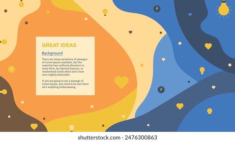 A modern, flat-style abstract background featuring circles, light bulbs, hearts, organic shapes, and other shapes. A vector illustration depicts a colorful pattern for great ideas.