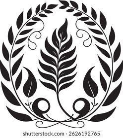 Modern flat-style black-and-white foliage emblem featuring two layered fern leaves with curled tendrils and teardrop-shaped leaflets, stylized natural form with a whimsical yet structured aesthetic
