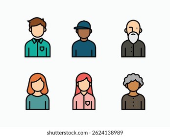 A modern flat-style character avatar icon set featuring diverse male and female figures, perfect for apps, websites, profiles, and UX UI designs.