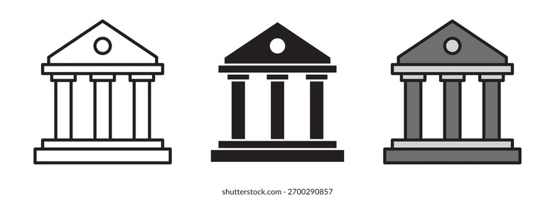 A modern flat-style classical bank building icon in colored, filled, and stroke design. Represents finance, banking institutions, government buildings, and financial services.