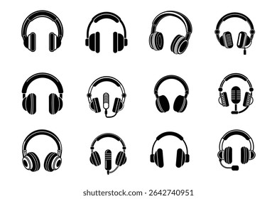 A modern flat-style headphone and earphone icon set. Perfect for music, audio apps, web, and tech projects. Isolated vector illustrations for professional use.