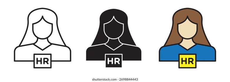 Un moderno icono de perfil de recursos humanos de estilo plano en diseño de color, relleno y trazo. Representa la gestión de recursos humanos, la contratación y la organización de los empleados.
