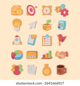 A modern flat-style icon collection representing essential startup and business concepts. Includes symbols of success, finance, planning, ideas, teamwork, and time management. Perfect for infographics