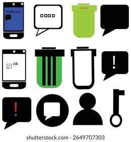 A modern flat-style icon pack featuring communication, messaging, chat bubbles, mobile interface, trash delete icons, and user identity symbols. Perfect for messaging apps, UI UX design