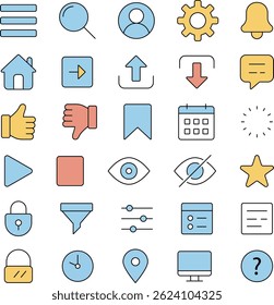 A modern flat-style icon set featuring 25 essential UI UX interface elements. Includes icons for menus, buttons, settings, notifications, media controls, user profiles, filters, and more.