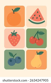 A modern flat-style icon set featuring orange, watermelon, strawberry, cherry, blueberry, and pear. Ideal for web design, mobile apps, food blogs, packaging, and summer projects.