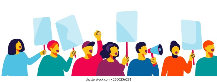 Modern flat-style illustration of a diverse group holding blank signs and a megaphone, symbolizing activism and unity. Ideal for social campaigns, articles, blogs, posters, and educational materials.