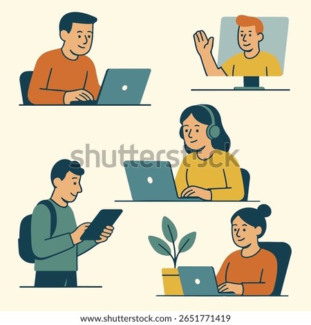 A modern flat-style illustration of remote workers engaging in daily tasks from home and cafés. The artwork features diverse characters using laptops, attending video calls