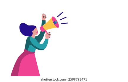 A modern flat-style illustration of a woman with a megaphone, raising her fist in a powerful call to action, with a copy space. Suitable for websites, banners, posters, infographics, social media.