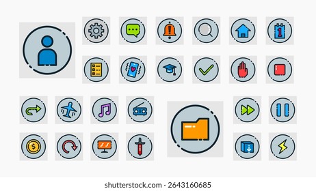 A modern flat-style interface icon set, including user, file, settings, home, music, chat, arrow, gear, and navigation icons for apps and websites.