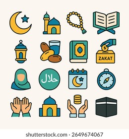 A modern flat-style Islamic icon set includes essential symbols including a mosque, crescent moon, Quran, prayer mat, tasbih, Kaaba, halal food, and more. Perfect for Ramadan promotions, Islamic app