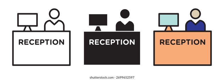 Um símbolo de recepção de estilo plano moderno em design colorido, preenchido e traçado. Representa o atendimento ao cliente, o suporte técnico e as áreas de recepção do escritório.