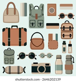O moderno conjunto de adesivos de vetor de viagem de estilo plano apresenta acessórios de viagem essenciais em uma paleta de cores silenciosas e terrosas de verde sábio, bronzeado, camelo, bege e preto.