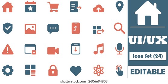A modern flat-style UI,UX icon set of 24 editable vector icons in bold red-orange and deep blue. Perfect for apps, websites, dashboards, and presentations.