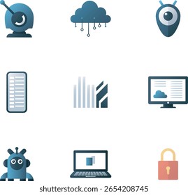 Um moderno conjunto de ícones vetoriais de estilo plano representando tecnologia, inteligência artificial, robótica, computação em nuvem, segurança cibernética e análise de dados.