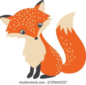 Eine moderne, flache Vektorgrafik eines süßen roten Fuchses in lebhaften Orange- und Rottönen. Dieses saubere und verspielte Design ist ideal für Clipart, digitale Designprojekte, Kinderprodukte, Wandkunst und Kindergartendekoration.