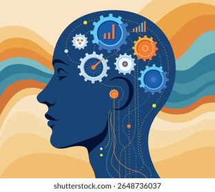 Modern flat-style vector illustration featuring a stylized human head silhouette filled with flowing lines, graphs, gears, and abstract icons representing ideas, analytics, and data processing
