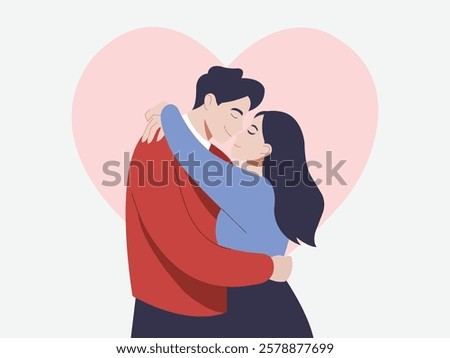 A modern flat-style vector illustration of a romantic couple hugging each other with a soft pink heart shape in the background. The man is wearing a red sweater, and the woman is dressed in a blue top