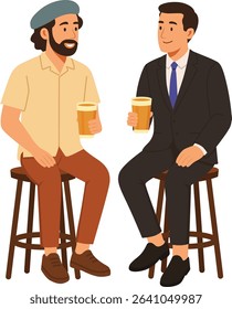 A modern flat-style vector illustration showcasing a casually dressed artist sharing beers with a formally dressed friend in a relaxed bar setting. The contrast between creative and corporate fashion 