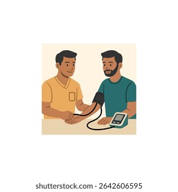 Una Ilustración vectorial moderna de estilo plano que muestra a un enfermero realizando una medición digital de la presión arterial en un paciente masculino en un entorno clínico. Ideal para atención médica y sanitaria.