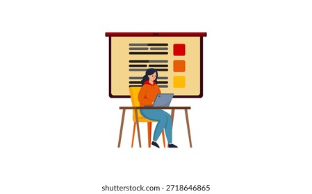 Una Ilustración vectorial moderna de estilo plano de un estudiante dedicado al aprendizaje en línea, sentado en un escritorio con una computadora portátil frente a una Grande pantalla digital o tablero que muestra contenido educativo. Perfecto para conceptos como e-learning, educación a distancia, aprendizaje a distancia, aula virtual, cursos en línea, autoaprendizaje o educación digital en el mundo de hoy. 