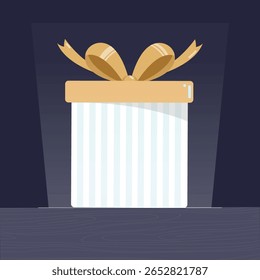 Uma ilustração vetorial de estilo plano moderna de uma caixa de presente listrada branca com fita dourada, apresentada sob um holofote. Perfeito para promoções, temas de celebração, lojas on-line e ocasiões festivas.

