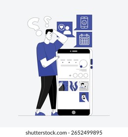 Um moderno vetor de estilo plano ilustração de um jovem se sentindo confuso enquanto olha para uma tela de smartphone. A interface exibe o perfil do usuário, calendário, mídia e notificações. Perfeito para UI-UX