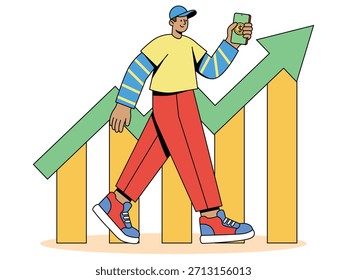 Moderna Ilustración vectorial de estilo plano de un joven caminando con confianza mientras sostiene un teléfono inteligente con un símbolo de dinero en la pantalla