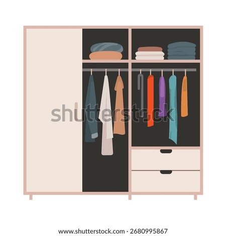 Modern flat-style wardrobe collection featuring open and closed designs, simple regular wardrobes, versatile furniture for interior setups, minimalist closet options, perfect for contemporary home.