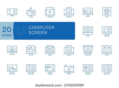 Un grupo moderno y flexible de 20 iconos de línea delgada que expresan la pantalla del ordenador, adecuado para las suites de productos.