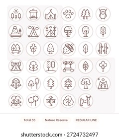A modern, flexible group of 35 Regular Line icons expressing Nature Reserve, suited for product suites.