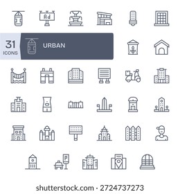 Eine moderne, flexible Gruppe von 35 Regular Line Icons, die Urban ausdrücken, geeignet für Produktreihen.