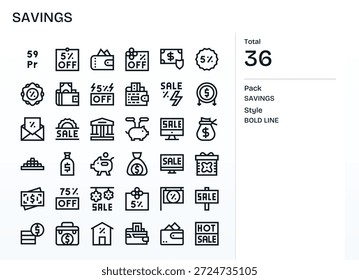 A modern, flexible group of 36 Bold Line icons expressing Savings, suited for product suites.
