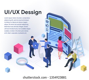 Modern flexible phone in 3d isometric style. UI / UX design concept with character and text place. People are working on creating a mobile application. Vector illustration isolated on white background