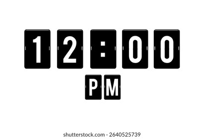 Modern flip clock design showing 12:00 PM on a white background.Perfect for use in editorial designs, infographics, and time management.
