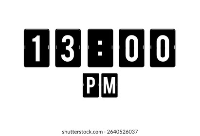 Modern flip clock design showing 13:00 PM on a white background.Perfect for use in editorial designs, infographics, and time management.