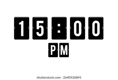 Modern flip clock design showing 15:00 PM on a white background.Perfect for use in editorial designs, infographics, and time management.